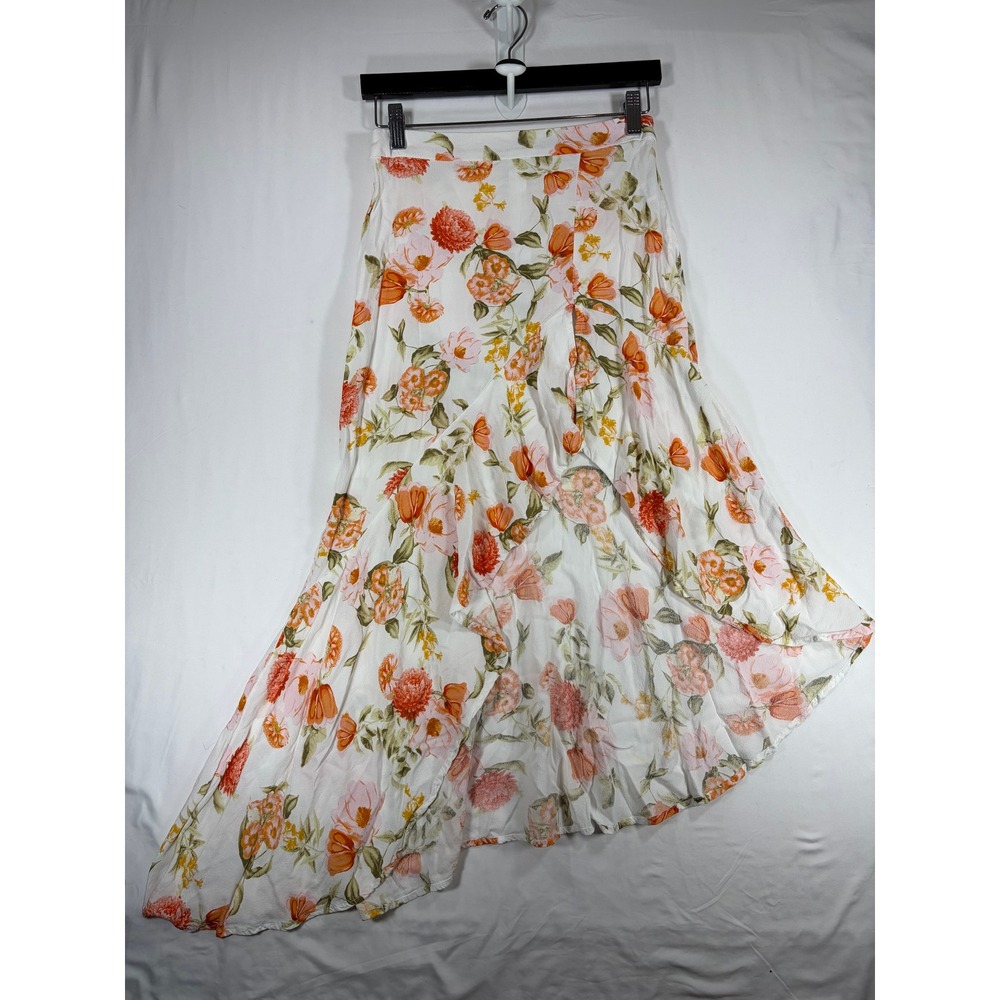 Forever 21 High Low Maxi Skirt Womens Small White Orange Floral Excellent Ruffle
